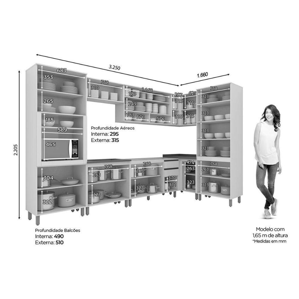 Cozinha Modulada Connect 10 Peças 3 Aéreos + 3 Balcões + 2 Paneleiros + 2 Complementos C6p07 Duna Cristal2 Aéreos + 1 Balcão + 1 Complemento - 2