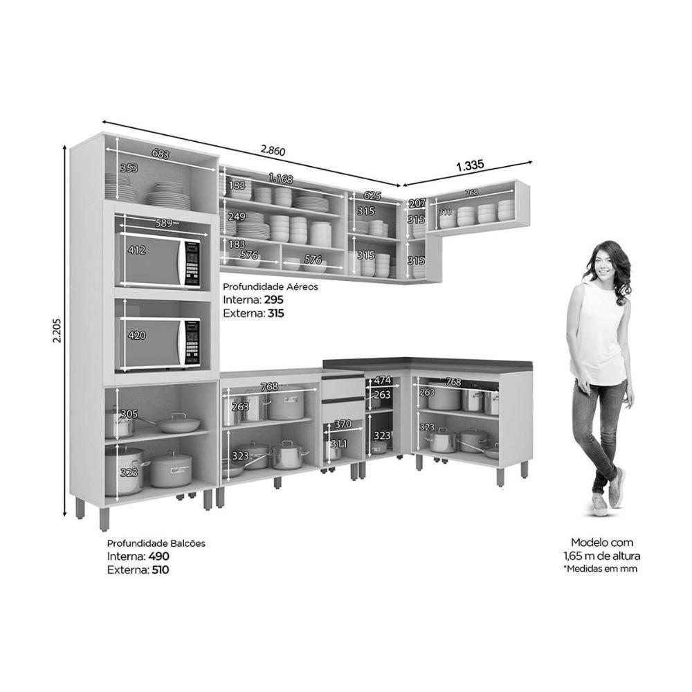 Cozinha Modulada Connect 9 Peças 33 Aéreos + 3 Balcões + 1 Paneleiro+ 2 Complementos C6p01 Duna Cristal2 Aéreos + 1 Balcão + 1 Complemento - 2