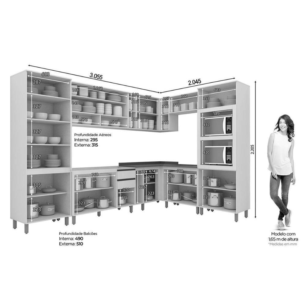 Cozinha Modulada Connect 13 Peças 4aéreos+4balcões+ 2 Paneleiros +3complementos C6p02 Duna Cristal2 Aéreos + 1 Balcão + 1 Complemento - 3