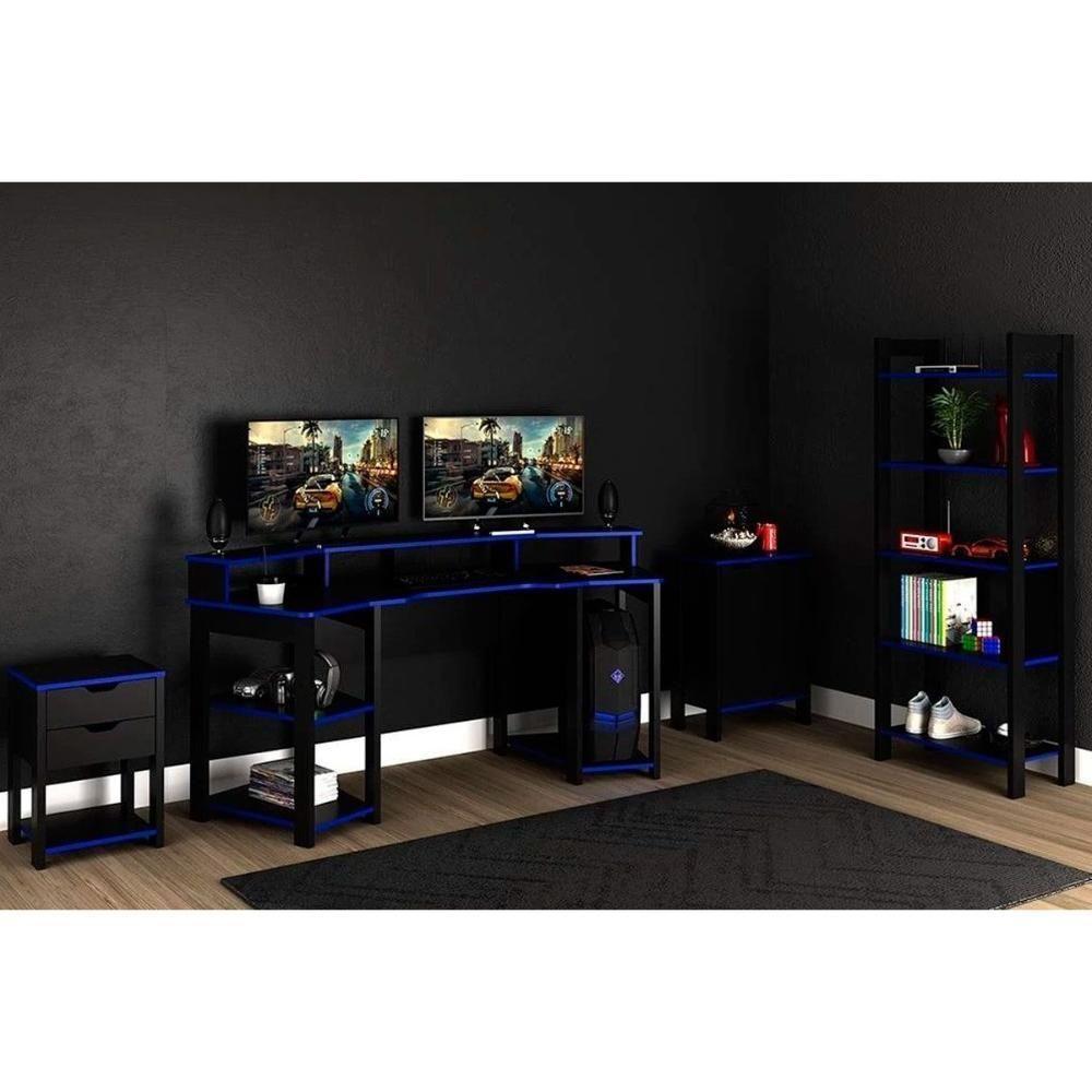 Quarto Completo Solteiro Gamer 4 Peças (mesa Cabeceira + Mesa De Computador + Balcão + Estante) Preto/azul - Tecno Mobili - 1