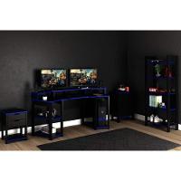 Quarto Completo Solteiro Gamer 4 Peças (mesa Cabeceira + Mesa De Computador + Balcão + Estante) Preto/azul - Tecno Mobili - 1