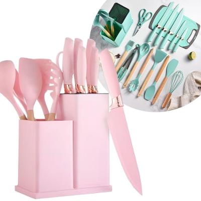 Kit 19 Utensílios De Cozinha Silicone Cabo De Madeira Faca Tábua Rosa