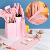 Kit 19 Utensílios De Cozinha Silicone Cabo De Madeira Faca Tábua Rosa - 2