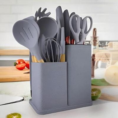 Kit 19 Utensílios De Cozinha Silicone Cabo De Madeira Faca Tábua Cinza