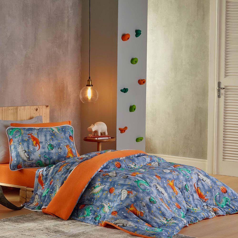 Kit Edredom Alegria Dupla Face Solteiro 2 Peças Malha Estampada 100% Algodão - Dino Space - 1