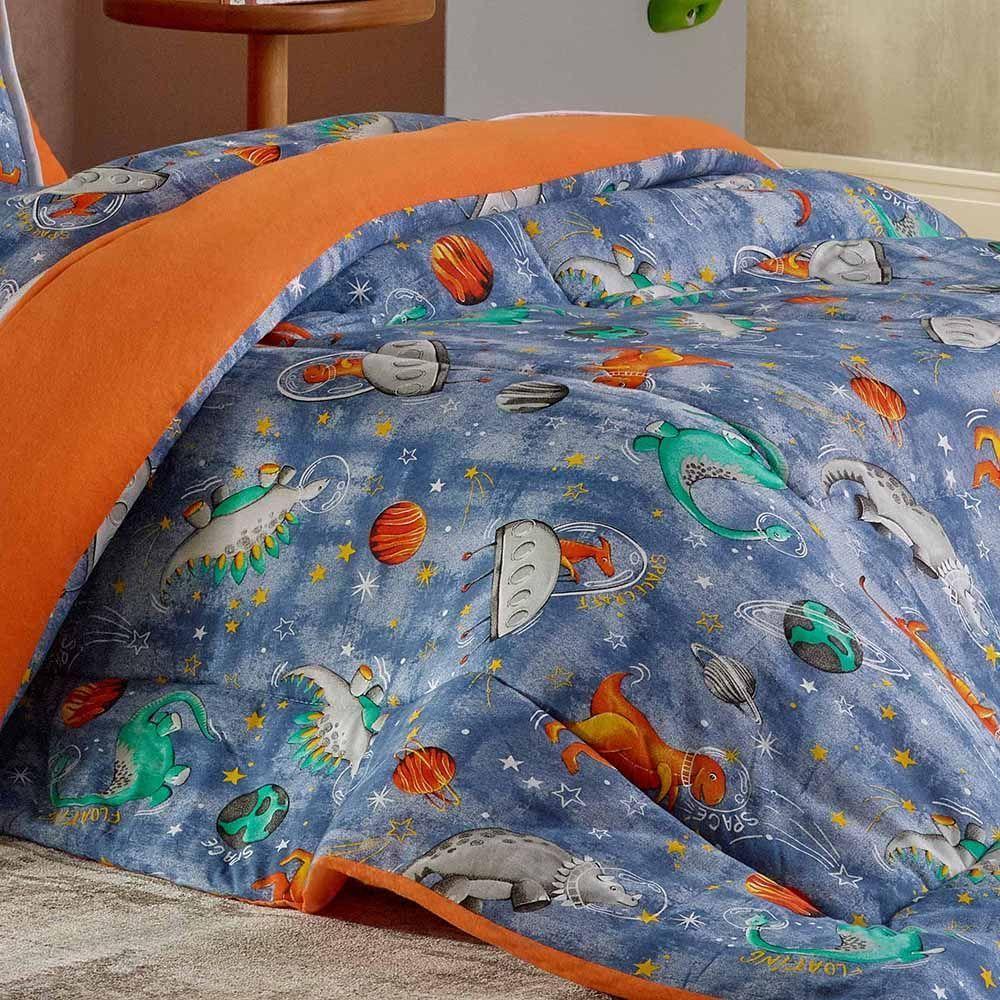 Kit Edredom Alegria Dupla Face Solteiro 2 Peças Malha Estampada 100% Algodão - Dino Space - 2