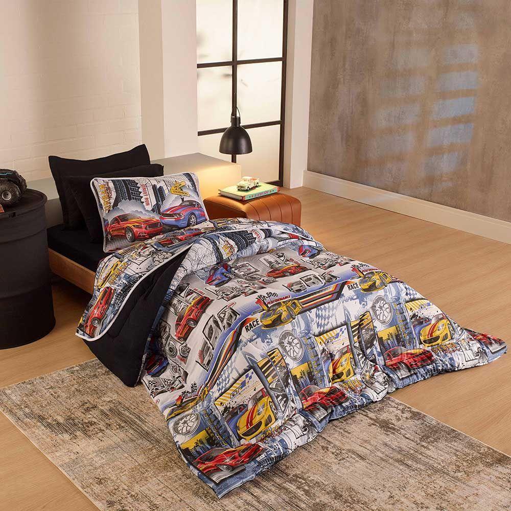 Kit Edredom Alegria Dupla Face Solteiro 2 Peças Malha Estampada 100% Algodão - Carros Race - 1