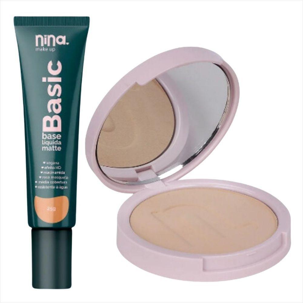 Kit Nina Makeup Base Líquida Basic+pó Compacto Instant Cor 3 - 1