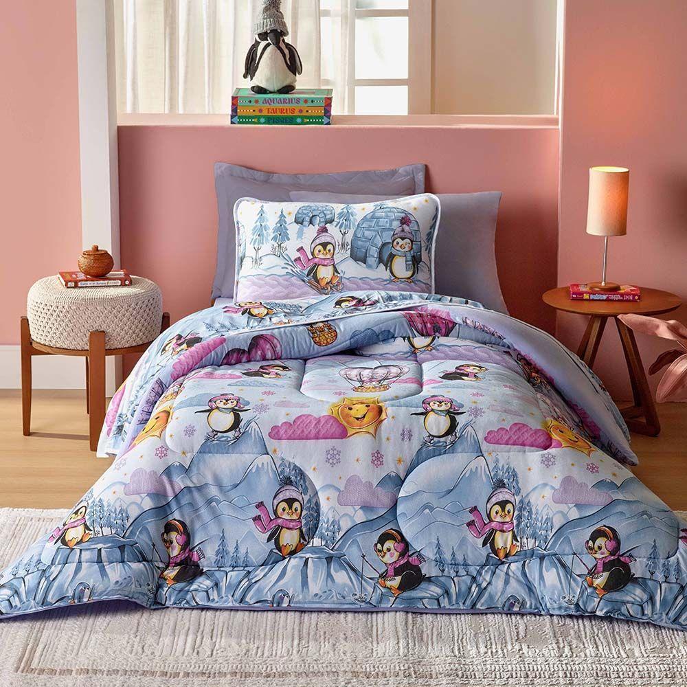 Kit Edredom Alegria Dupla Face Solteiro 2 Peças Malha Estampada 100% Algodão - Pingins - 1