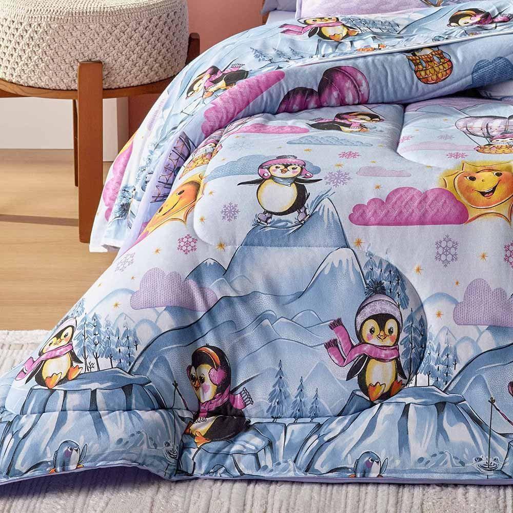 Kit Edredom Alegria Dupla Face Solteiro 2 Peças Malha Estampada 100% Algodão - Pingins - 2