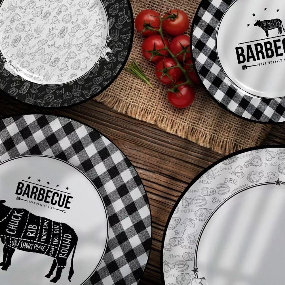 Jogo 6 Pratos Raso Barbecue Preto E Branco Cerâmica Alleanza 29cm - 2