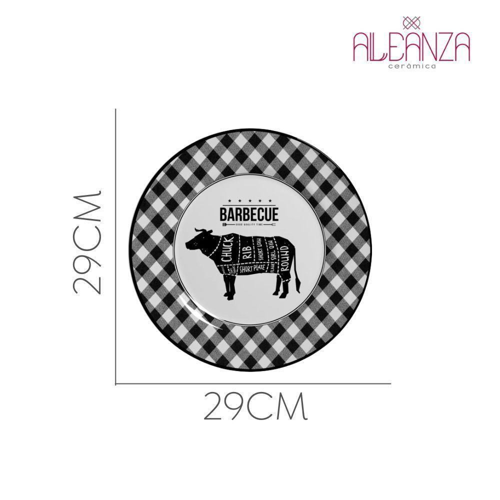 Jogo 6 Pratos Raso Barbecue Preto E Branco Cerâmica Alleanza 29cm - 4