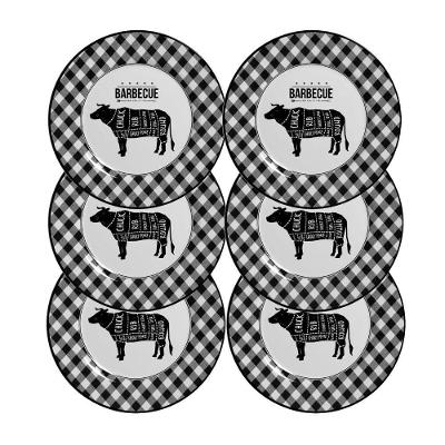 Jogo 6 Pratos Raso Barbecue Preto E Branco Cerâmica Alleanza 29cm