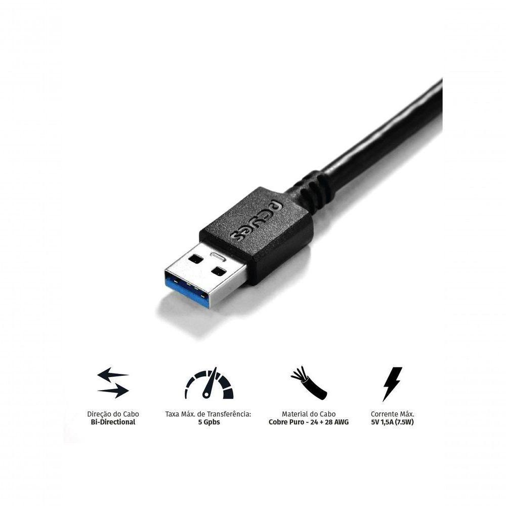 Cabo Para Hd Externo Usb A 3.0 Macho Para Micro Usb B 3.0 (10 Pinos) Macho 28awg Puro Cobre 5 Metros - Puamcm3-5 - 1