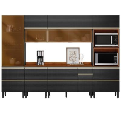Cozinha Modulada Proença 6 Peças Com Cristaleira E Aéreo 120cm Nogueira Touch/carbono Prime Tx - Demartêz Nogueira Touch/carbono Prime Tx