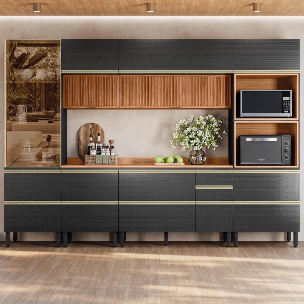 Cozinha Modulada Proença 6 Peças Com Cristaleira E Aéreo 120cm Ripado Nogueira Touch/carbono Prime Tx - Demartêz Nogueira Touch/carbono Prime Tx - 2
