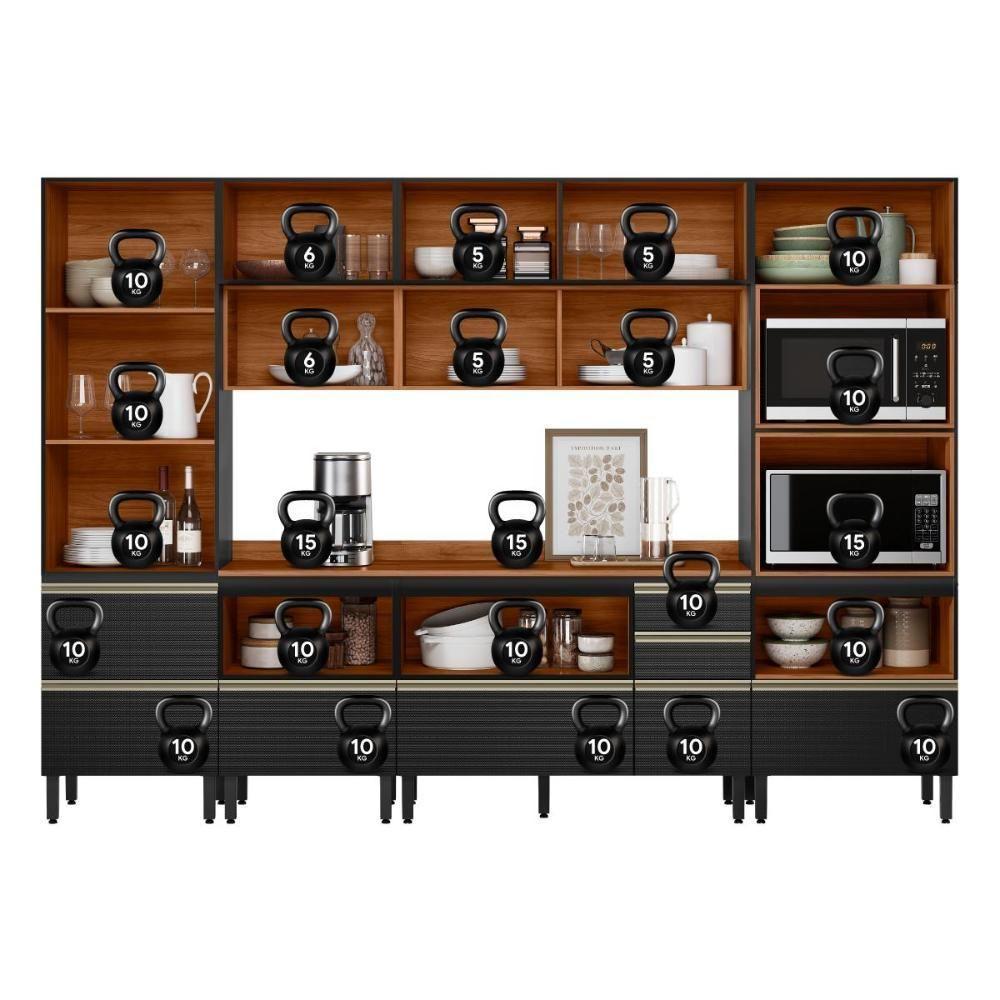 Cozinha Modulada Proença 6 Peças Com Cristaleira E Aéreo 120cm Ripado Nogueira Touch/carbono Prime Tx - Demartêz Nogueira Touch/carbono Prime Tx - 6