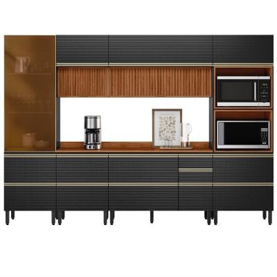 Cozinha Modulada Proença 6 Peças Com Cristaleira E Aéreo 120cm Ripado Nogueira Touch/carbono Prime Tx - Demartêz Nogueira Touch/carbono Prime Tx