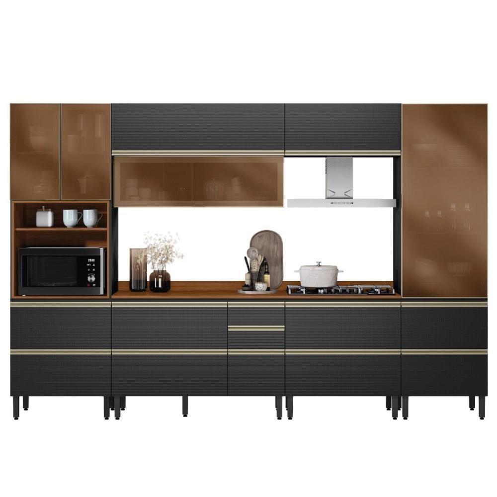 Cozinha Modulada Proença 6 Peças Com Paneleiro 1 Forno E Balcão 80cm Nogueira Touch/carbono Prime Tx - Demartêz Nogueira Touch/carbono Prime Tx - 1