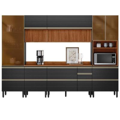 Cozinha Modulada Proença 6 Peças Com Paneleiro 1 Forno E Aéreo 120cm Ripado Nogueira Touch/carbono Prime Tx - Demartêz Nogueira Touch/carbono Prime Tx