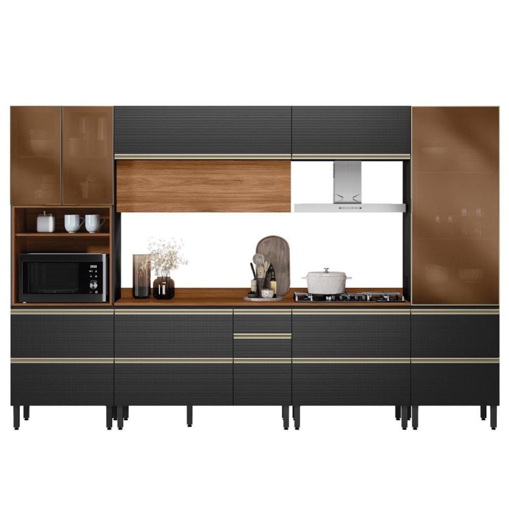 Cozinha Modulada Proença 6 Peças Com Paneleiro 1 Forno E Cristaleira Nogueira Touch/carbono Prime Tx - Demartêz Nogueira Touch/carbono Prime Tx - 1