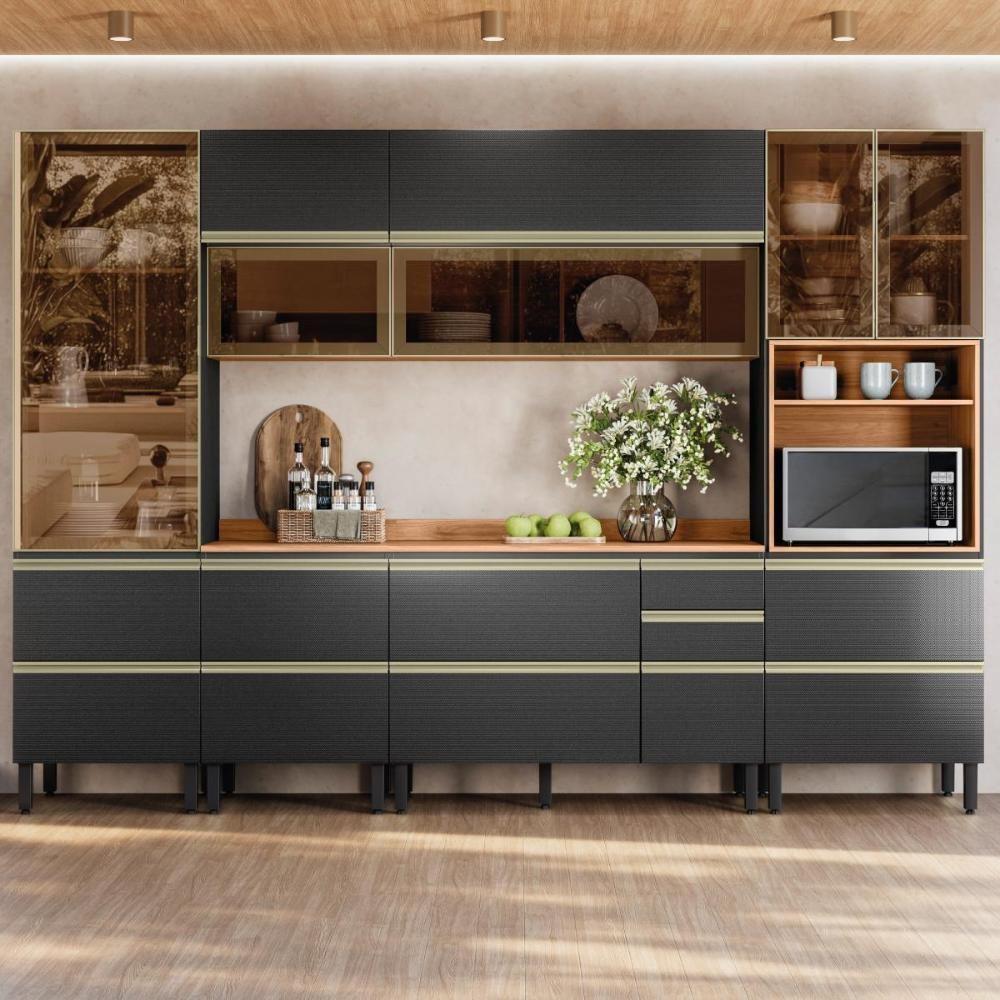 Cozinha Modulada Proença 6 Peças Com Paneleiro 1 Forno E Aéreo 120cm Nogueira Touch/carbono Prime Tx - Demartêz Nogueira Touch/carbono Prime Tx - 2