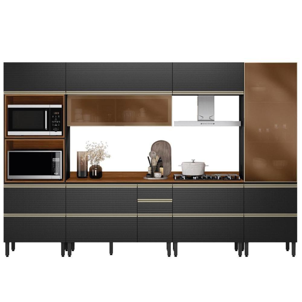 Cozinha Modulada Proença 6 Peças Com Cristaleira E Balcão 80cm Nogueira Touch/carbono Prime Tx - Demartêz Nogueira Touch/carbono Prime Tx - 1