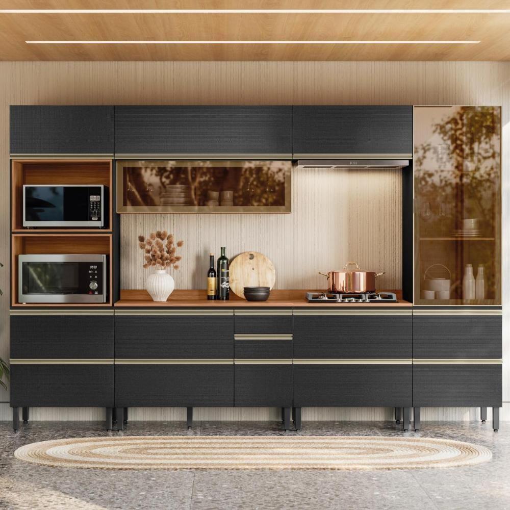 Cozinha Modulada Proença 6 Peças Com Cristaleira E Balcão 80cm Nogueira Touch/carbono Prime Tx - Demartêz Nogueira Touch/carbono Prime Tx - 2