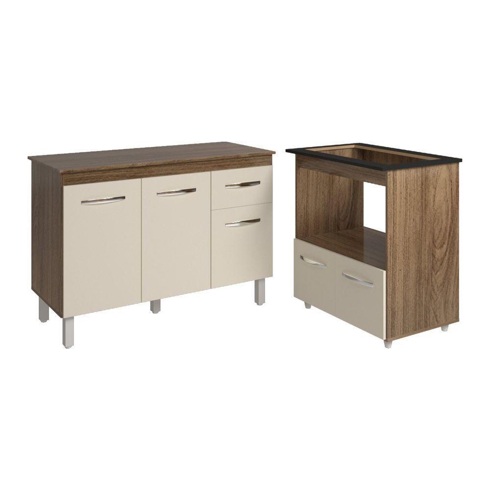 Balcão Armário Gabinete Aline 118 Cm Savana Off White Com Tampo Savana E Balcão Evelyn Cooktop 5 Bocas Savana Off White - 1