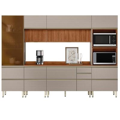 Cozinha Modulada Proença 6 Peças Com Cristaleira E Aéreo 120cm Ripado Nogueira Touch/nude Prime Tx - Demartêz Nogueira Touch/nude Prime Tx