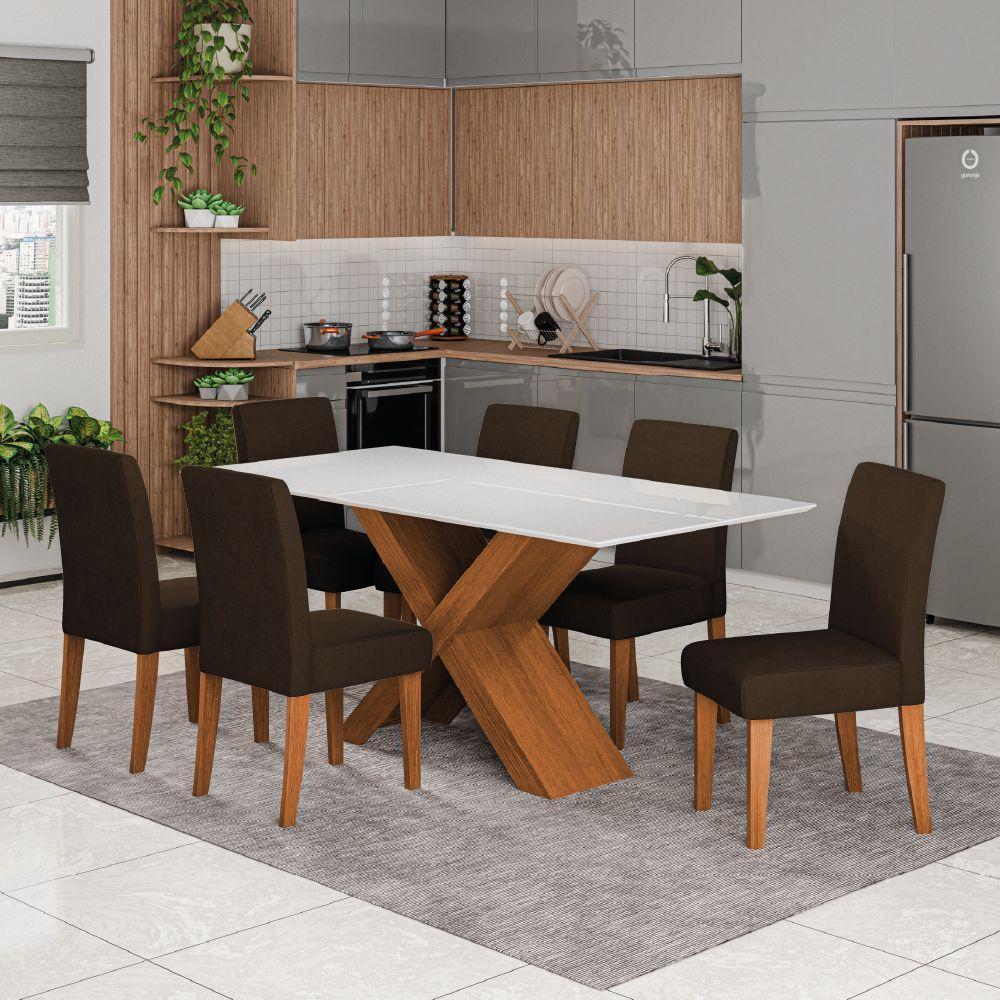 Conjunto De Mesa Sala De Jantar Tampo Com Vidro 1,80m Grécia 6 Cadeiras Trieste Dobuê Madeirado/chocolate - 2