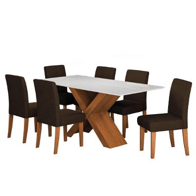 Conjunto de Mesa Sala de Jantar Grécia 6 Lugares Tampo em MDF com Vidro Temperado Amadeirado