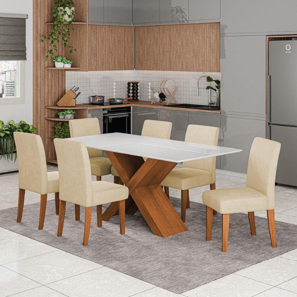 Conjunto De Mesa Sala De Jantar Tampo Com Vidro 1,80m Grécia 6 Cadeiras Trieste Dobuê Madeirado / Bege - 2