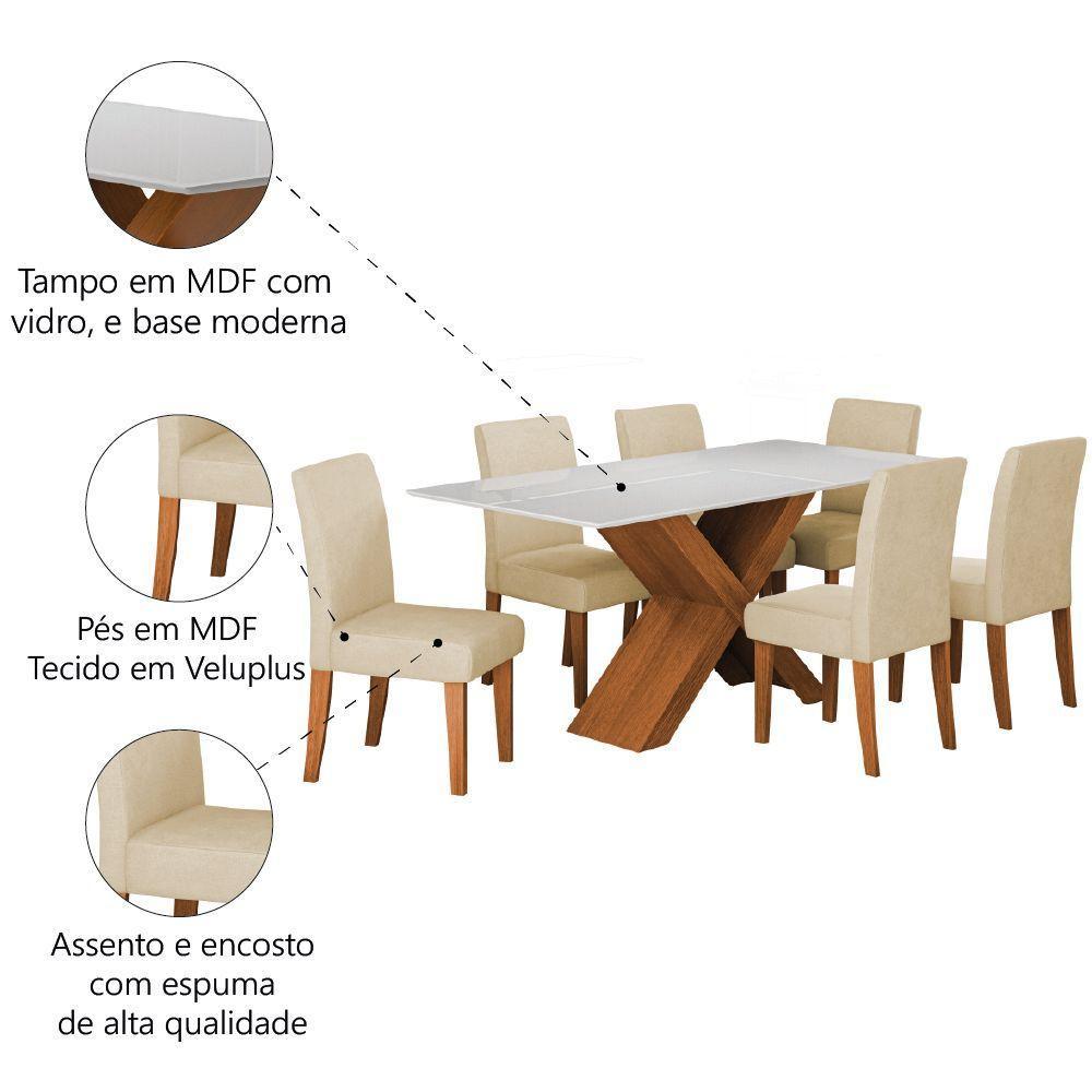 Conjunto De Mesa Sala De Jantar Tampo Com Vidro 1,80m Grécia 6 Cadeiras Trieste Dobuê Madeirado / Bege - 5