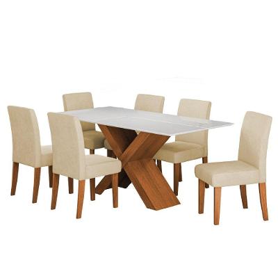 Conjunto de Mesa Sala de Jantar Grécia 6 Lugares Tampo em MDF com Vidro Amadeirado e Bege 1 e 80m