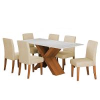 Conjunto De Mesa Sala De Jantar Tampo Com Vidro 1,80m Grécia 6 Cadeiras Trieste Dobuê Madeirado / Bege - 1