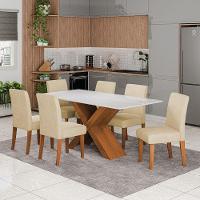 Conjunto De Mesa Sala De Jantar Tampo Com Vidro 1,80m Grécia 6 Cadeiras Trieste Dobuê Madeirado / Bege - 2
