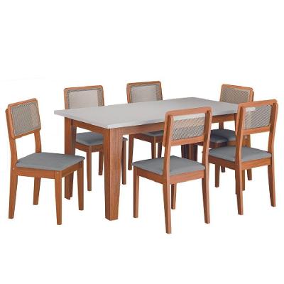 Conjunto de Jantar Mesa Miami 6 Lugares Tampo MDF com Cadeiras Estofadas Amadeirado 160cm