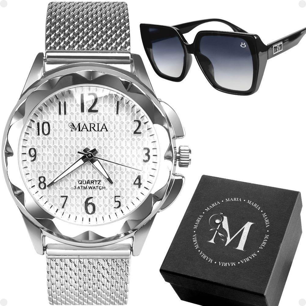 Relogio Feminino Aço Prova Dagua Prata + Oculos Sol + Caixa Qualidade Premium Strass Casual Original - 1