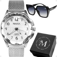 Relogio Feminino Aço Prova Dagua Prata + Oculos Sol + Caixa Qualidade Premium Strass Casual Original - 1