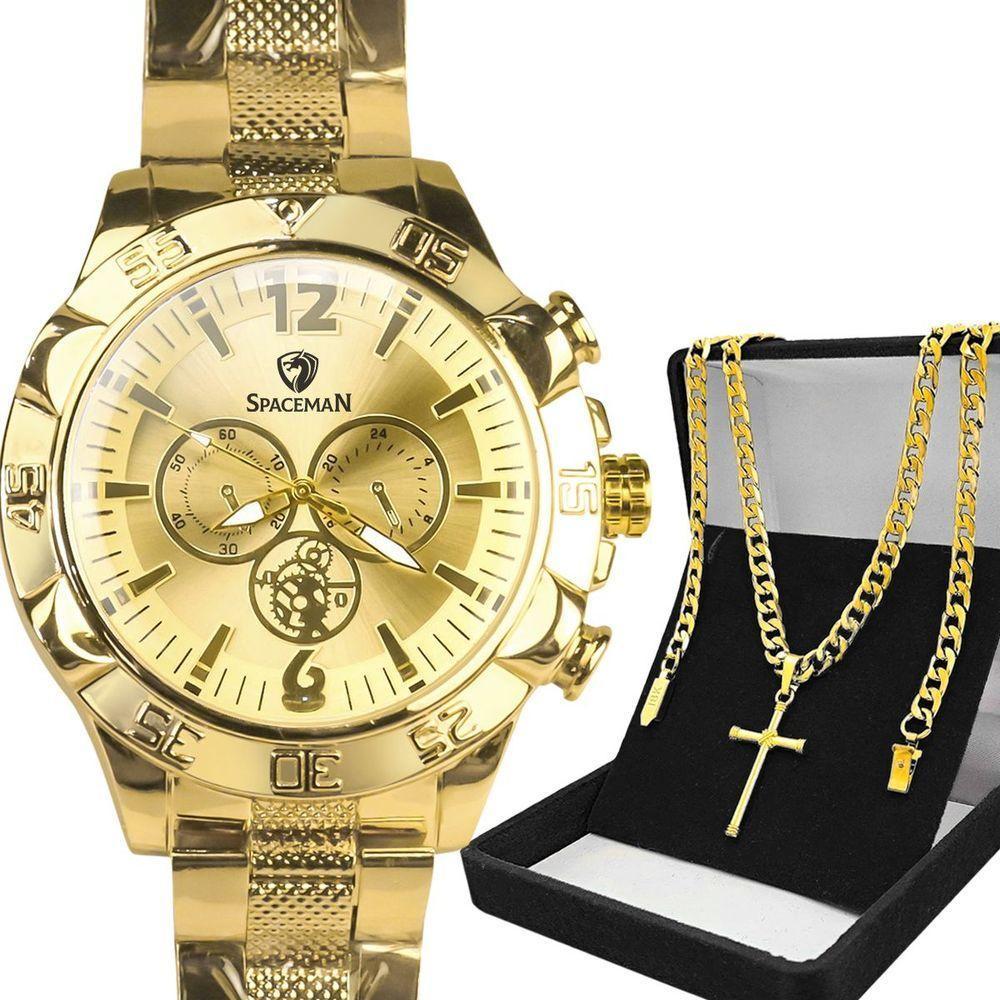 Relogio Masculino Dagua Banhado Prova Aco + Crucifixo Cordao Casual Presente Aço Inoxidavel Dragao - 1