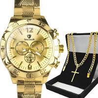 Relogio Masculino Dagua Banhado Prova Aco + Crucifixo Cordao Casual Presente Aço Inoxidavel Dragao - 1