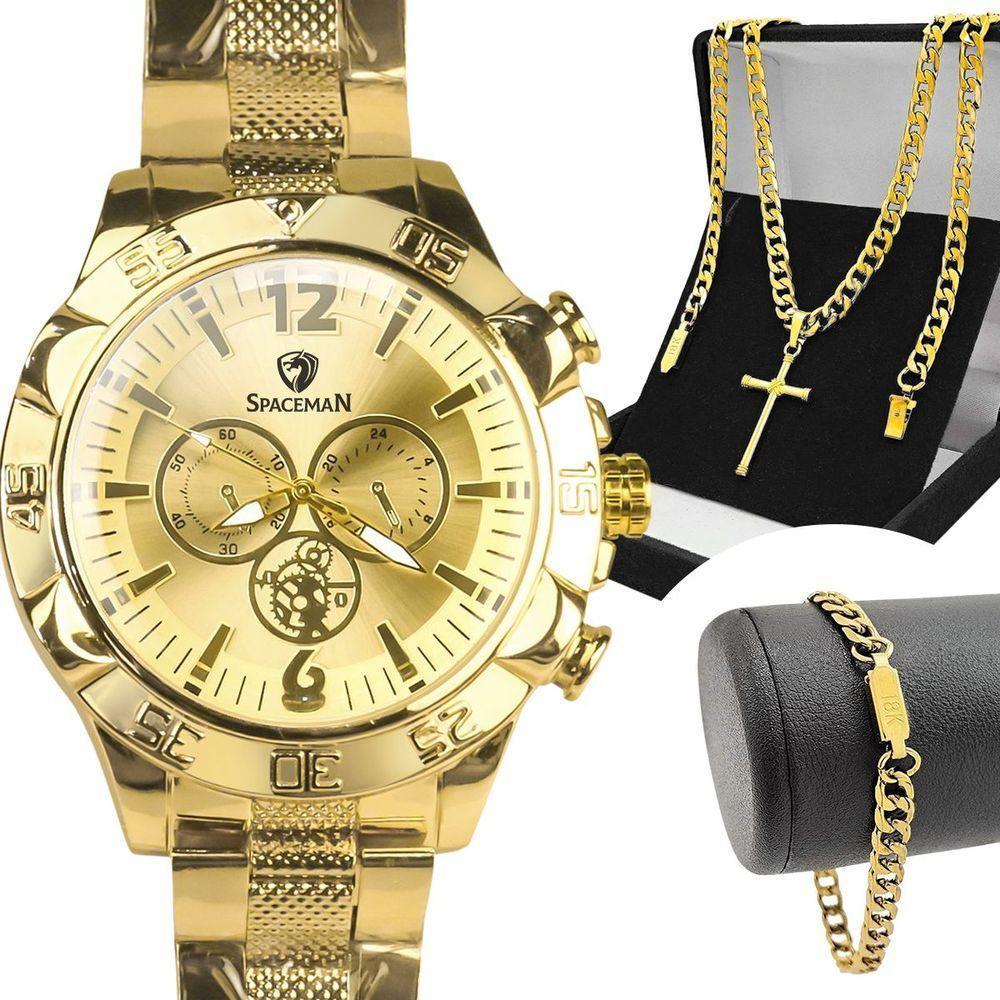 Relogio Masculino Dourado Pulseira Grumet + Cordão Cruz Qualidade Premium Analogico Religioso Casual - 1