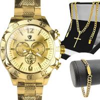 Relogio Masculino Dourado Pulseira Grumet + Cordão Cruz Qualidade Premium Analogico Religioso Casual - 1