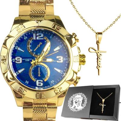 Relogio Aço Prova Dagua Masculino + Caixa + Cordão Crucifixo Qualidade Premium Religião Original