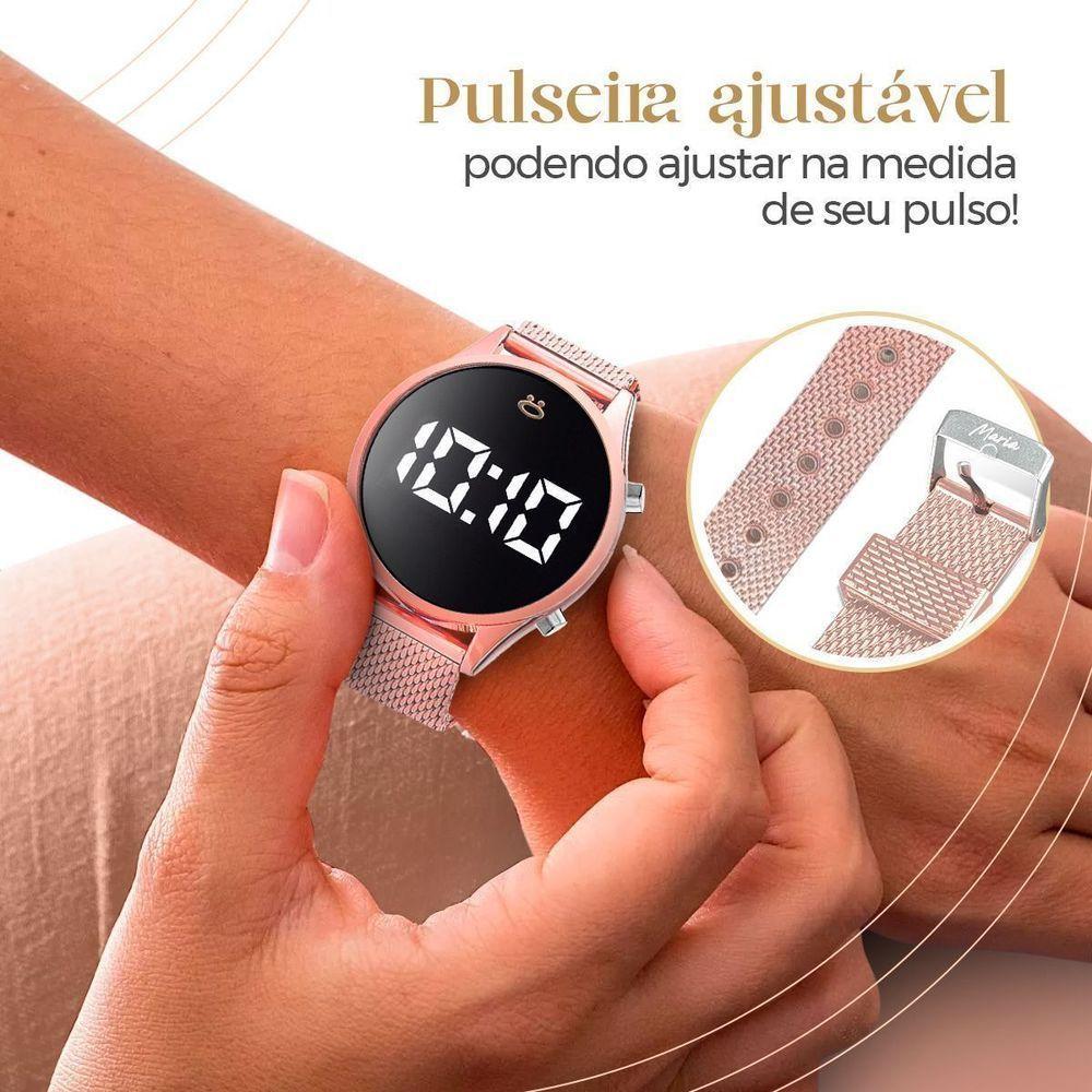 Relogio Digital Led Feminino + Colar Strass + Brinco + Caixa Rose Pulseira Ajustavel Ajustavel Led - 3