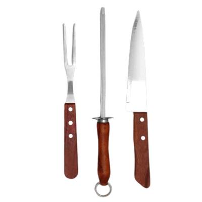Kit Churrasco 3 Peças Faca Garfo E Chaira Cabo De Madeira Inox