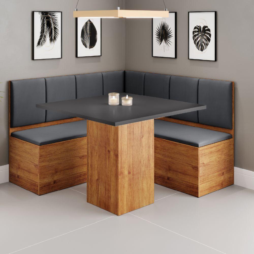 Conjunto Sala De Jantar Canto Alemão Com Baú Liebe Com Mesa Lord Veludo Viero Madeirado Cinza - 2