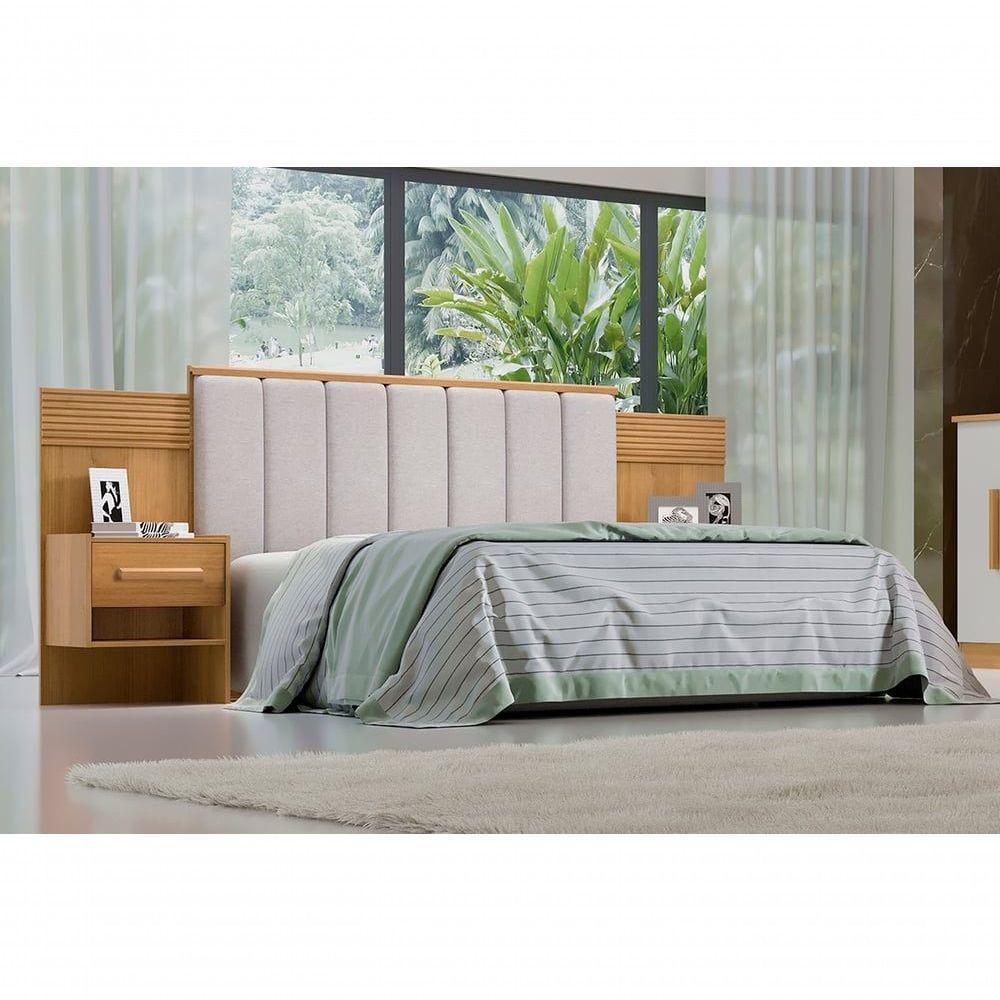 Cabeceira Para Cama De Casal Ripada Irís 140cm Estofada Com 2 Mesas De Cabeceira D Doro Cinamomo/ripado - 1