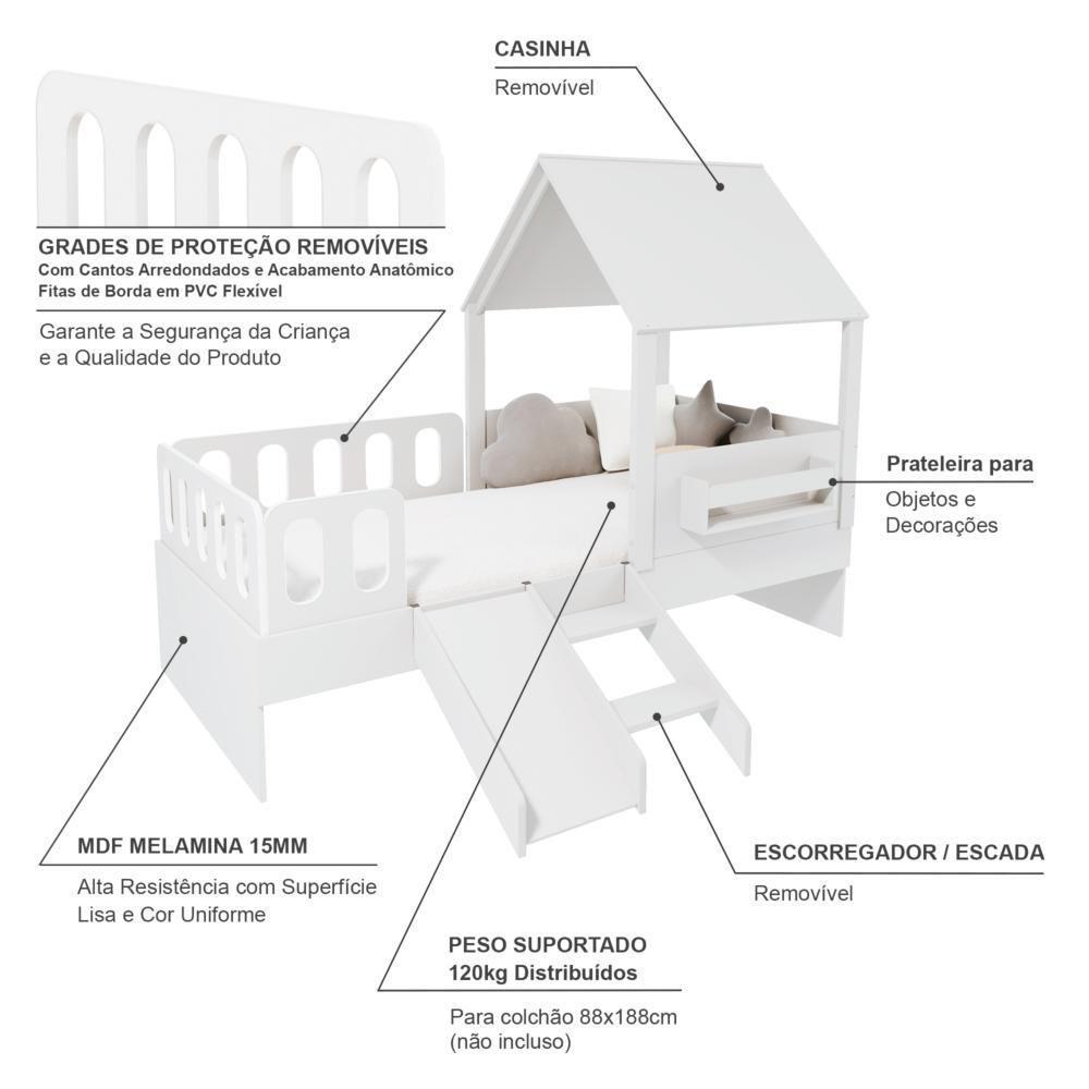 Cama Casinha Com Telhado Kit Escada E Grades Anatômica Branco Megamobilia - 2